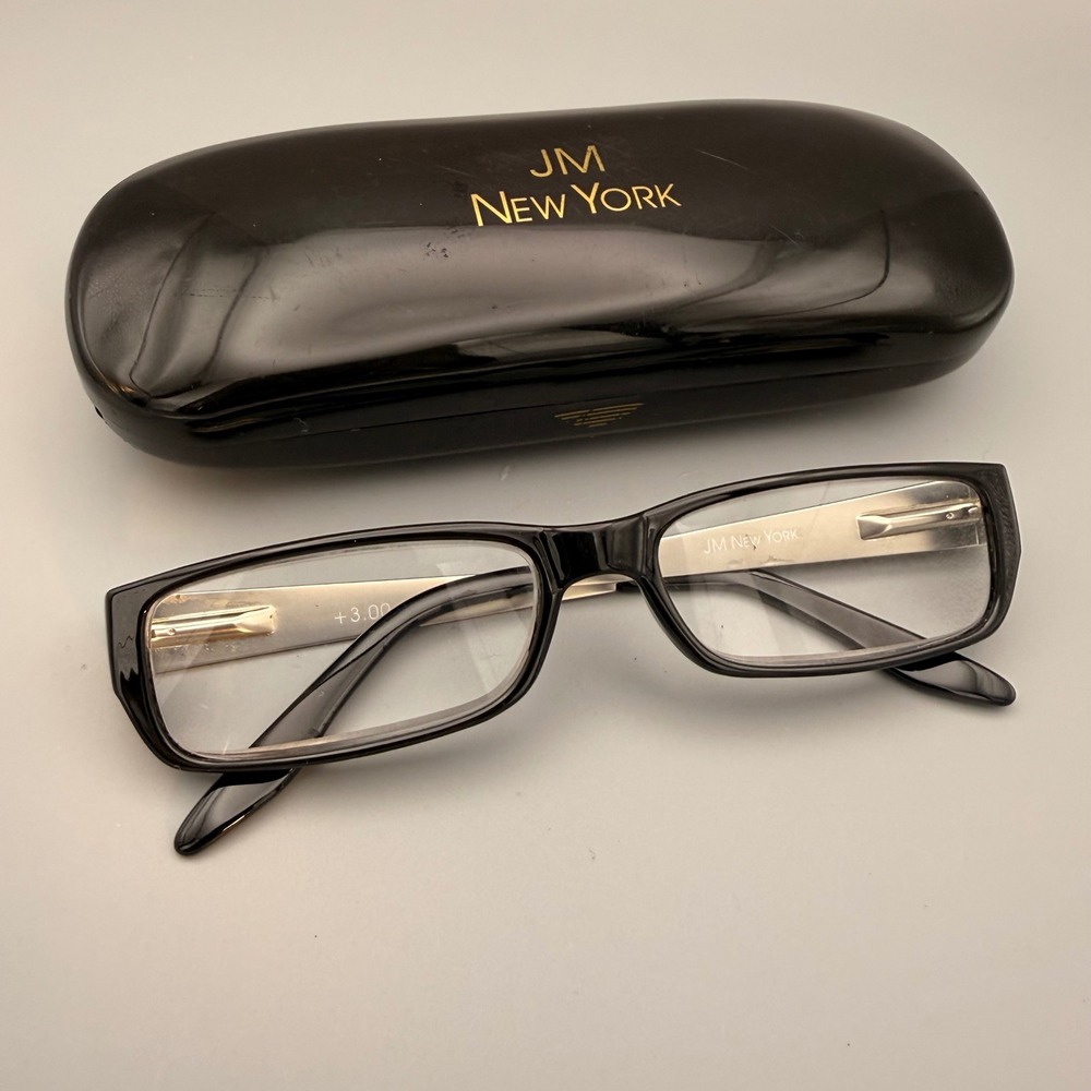 JM New York Reading Glasses +3.00 Black Silver Rectangular Case modern libraria